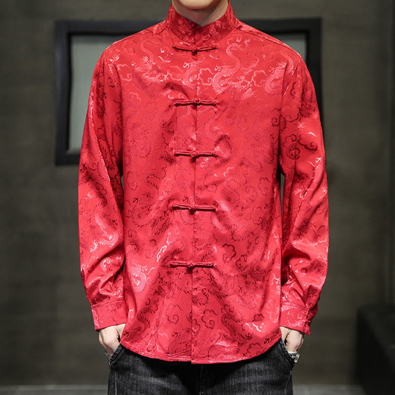 Buddha Stones Casual Dragon Pattern Frog-button Tang Suit Lino Giacca Camicia Uomo