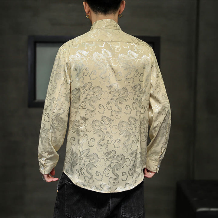Buddha Stones Casual Dragon Pattern Frog-button Tang Suit Lino Giacca Camicia Uomo