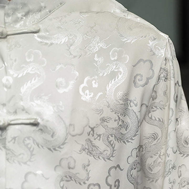 Buddha Stones Casual Dragon Pattern Frog-button Tang Suit Lino Giacca Camicia Uomo