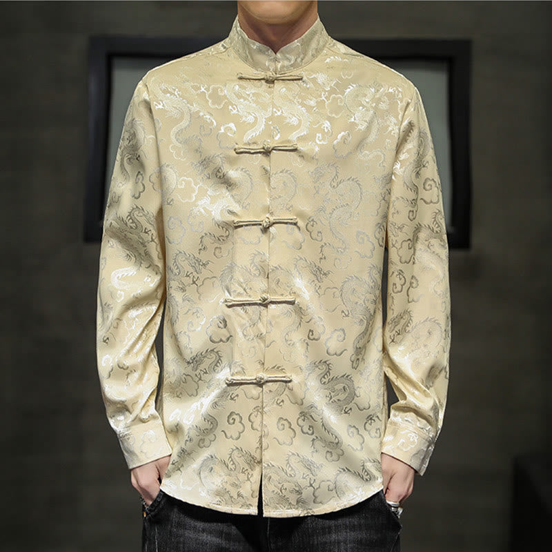 Buddha Stones Casual Dragon Pattern Frog-button Tang Suit Lino Giacca Camicia Uomo