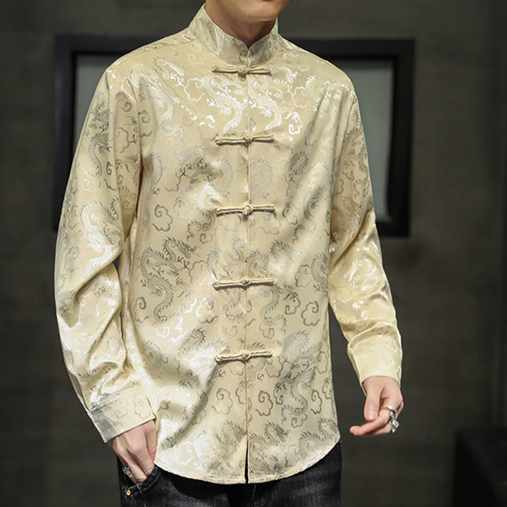 Buddha Stones Casual Dragon Pattern Frog-button Tang Suit Lino Giacca Camicia Uomo