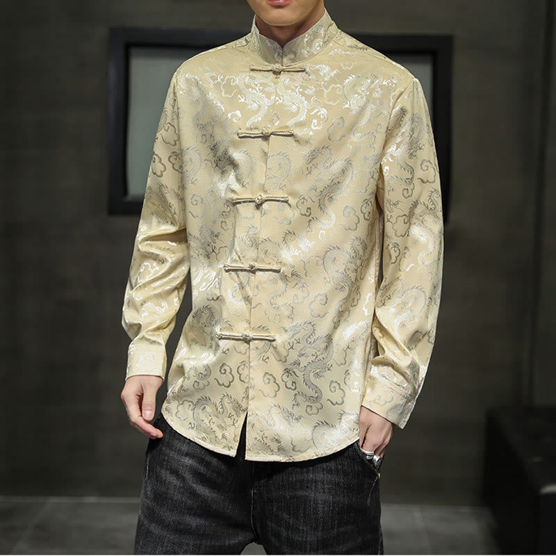 Buddha Stones Casual Dragon Pattern Frog-button Tang Suit Lino Giacca Camicia Uomo