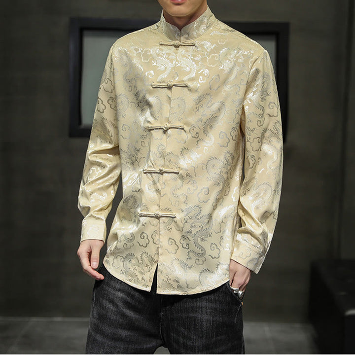 Buddha Stones Casual Dragon Pattern Frog-button Tang Suit Lino Giacca Camicia Uomo