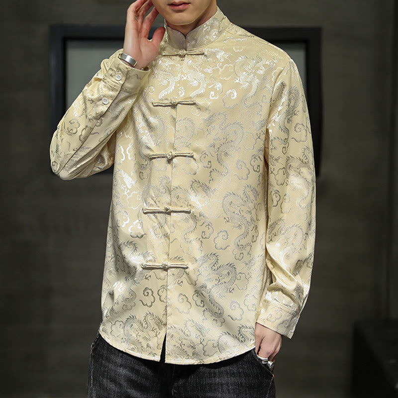 Buddha Stones Casual Dragon Pattern Frog-button Tang Suit Lino Giacca Camicia Uomo