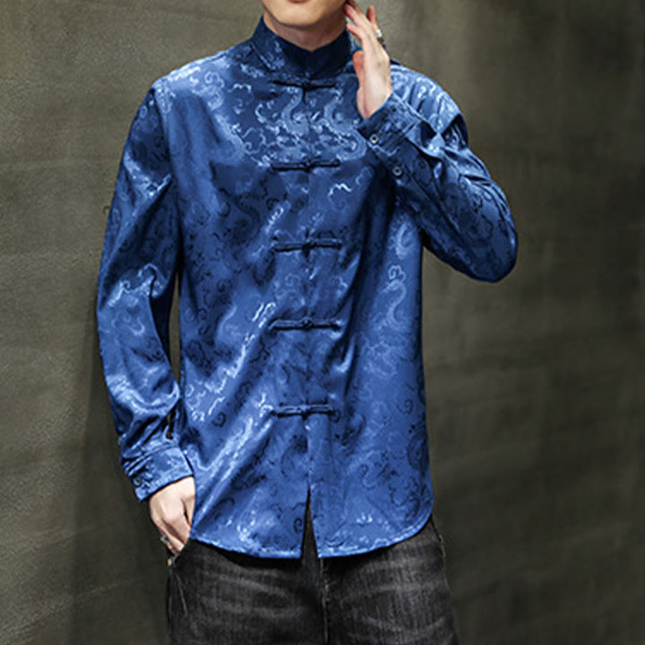 Buddha Stones Casual Dragon Pattern Frog-button Tang Suit Lino Giacca Camicia Uomo