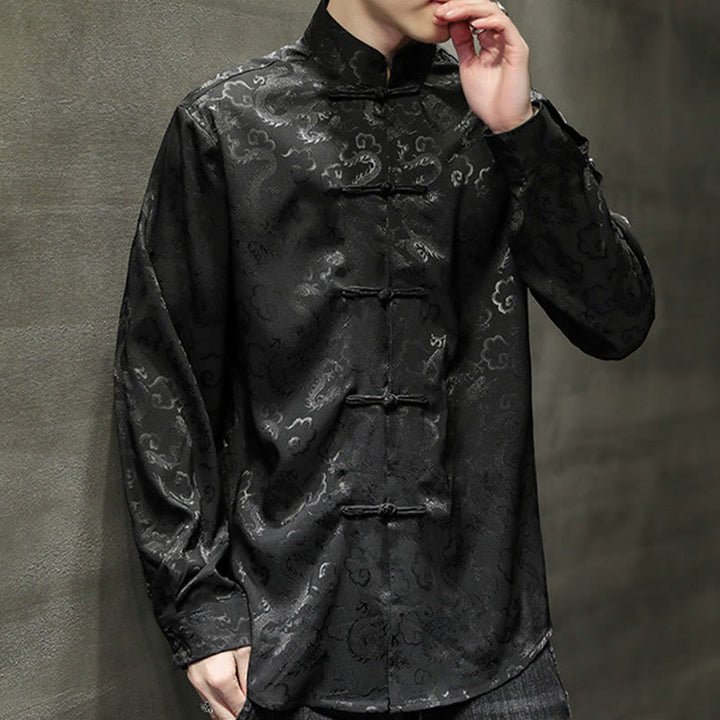 Buddha Stones Casual Dragon Pattern Frog-button Tang Suit Lino Giacca Camicia Uomo
