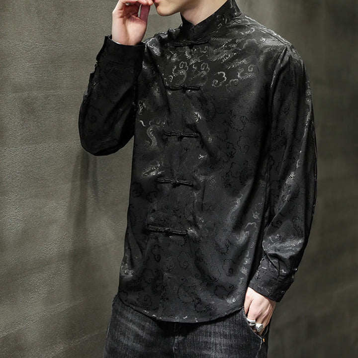 Buddha Stones Casual Dragon Pattern Frog-button Tang Suit Lino Giacca Camicia Uomo