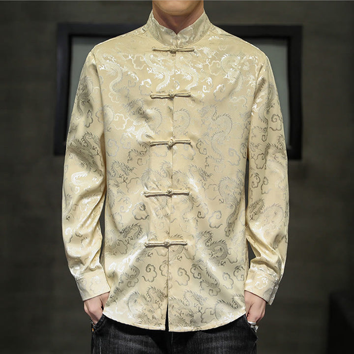Buddha Stones Casual Dragon Pattern Frog-button Tang Suit Lino Giacca Camicia Uomo - image 39
