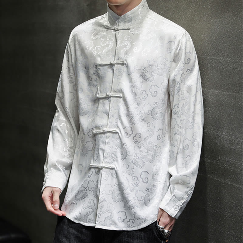 Buddha Stones Casual Dragon Pattern Frog-button Tang Suit Lino Giacca Camicia Uomo