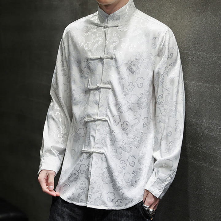 Buddha Stones Casual Dragon Pattern Frog-button Tang Suit Lino Giacca Camicia Uomo