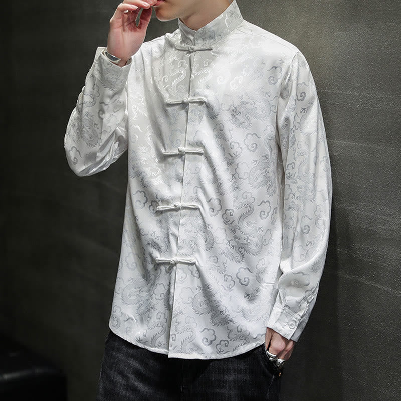 Buddha Stones Casual Dragon Pattern Frog-button Tang Suit Lino Giacca Camicia Uomo