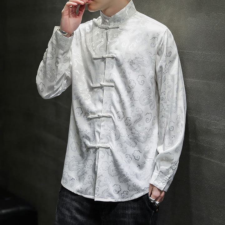 Buddha Stones Casual Dragon Pattern Frog-button Tang Suit Lino Giacca Camicia Uomo