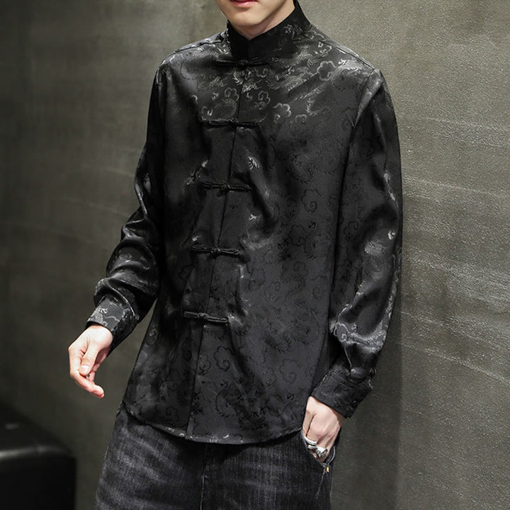 Buddha Stones Casual Dragon Pattern Frog-button Tang Suit Lino Giacca Camicia Uomo