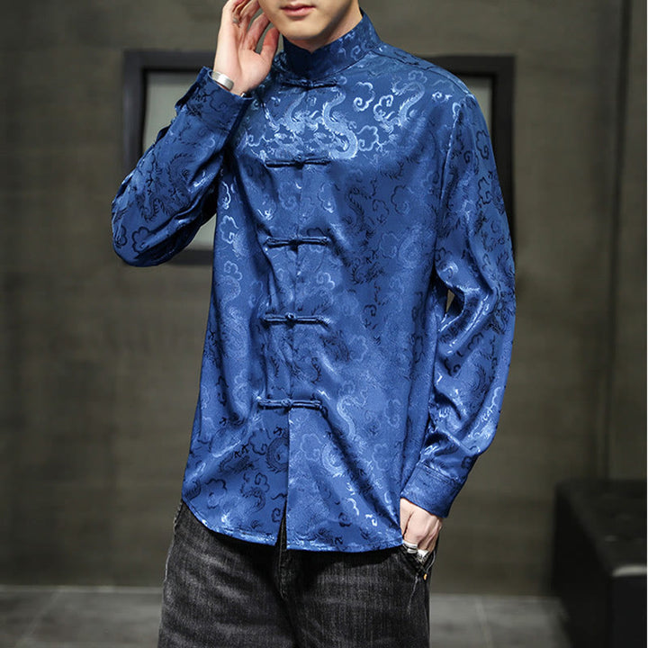Buddha Stones Casual Dragon Pattern Frog-button Tang Suit Lino Giacca Camicia Uomo