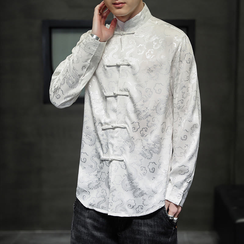 Buddha Stones Casual Dragon Pattern Frog-button Tang Suit Lino Giacca Camicia Uomo