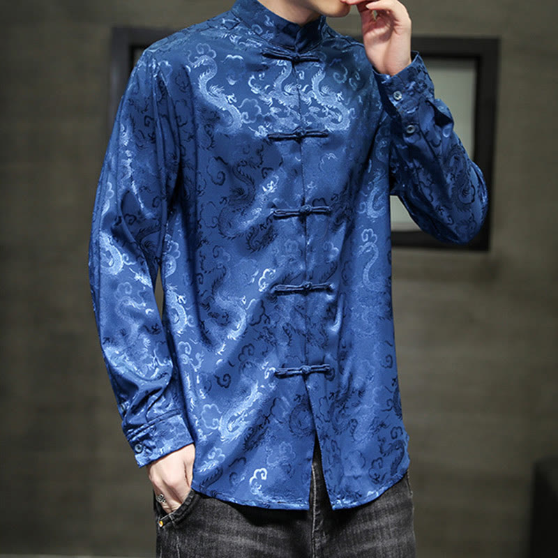 Buddha Stones Casual Dragon Pattern Frog-button Tang Suit Lino Giacca Camicia Uomo