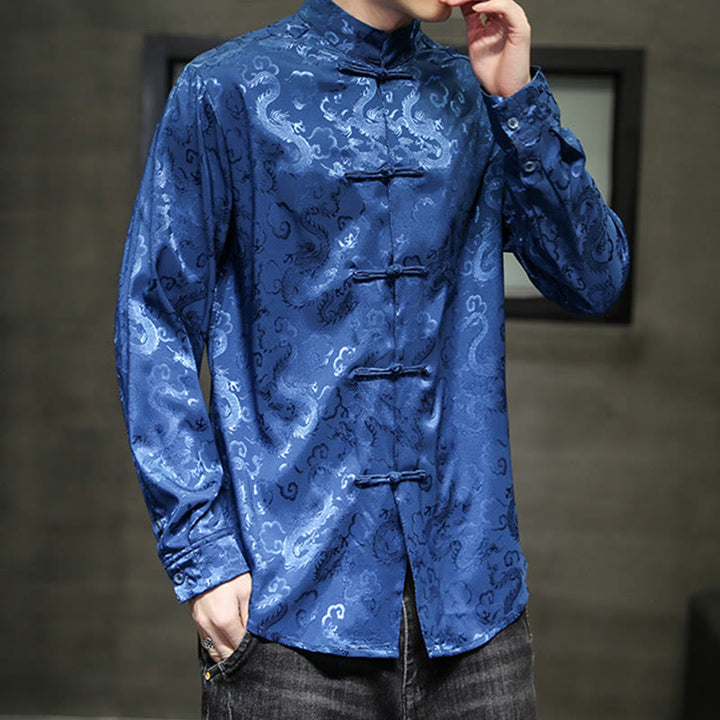 Buddha Stones Casual Dragon Pattern Frog-button Tang Suit Lino Giacca Camicia Uomo