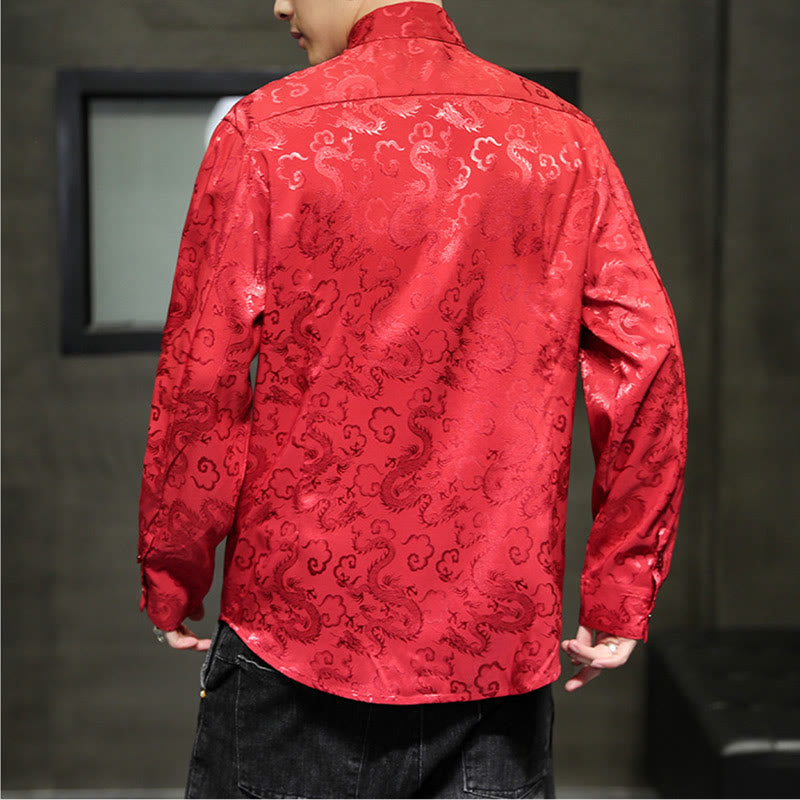 Buddha Stones Casual Dragon Pattern Frog-button Tang Suit Lino Giacca Camicia Uomo
