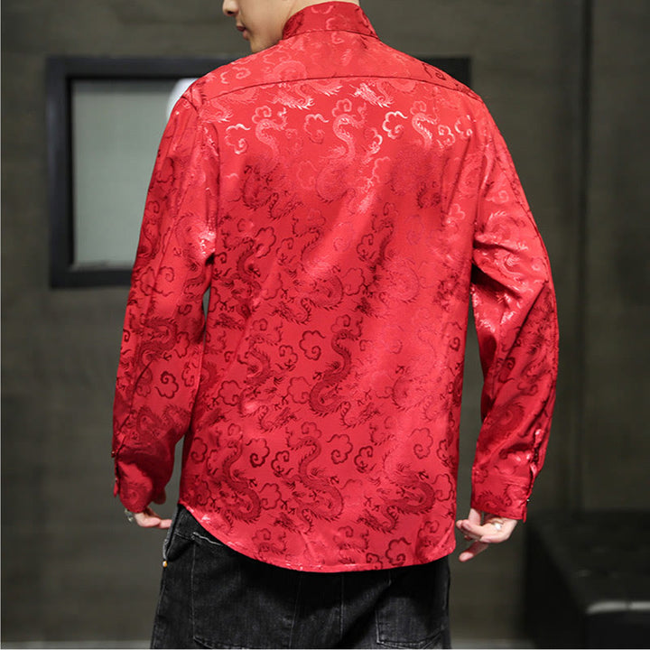 Buddha Stones Casual Dragon Pattern Frog-button Tang Suit Lino Giacca Camicia Uomo