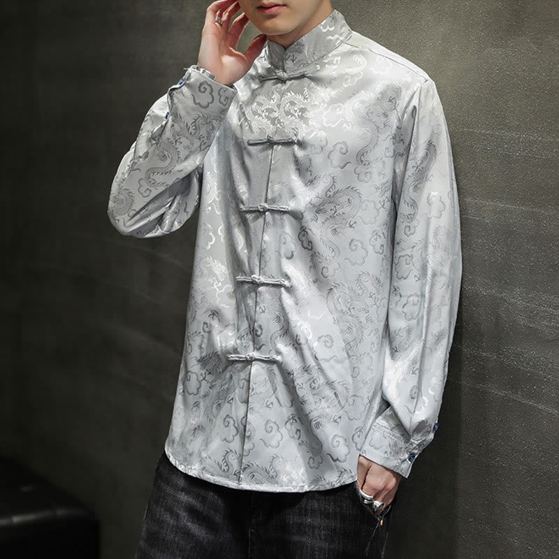 Buddha Stones Casual Dragon Pattern Frog-button Tang Suit Lino Giacca Camicia Uomo