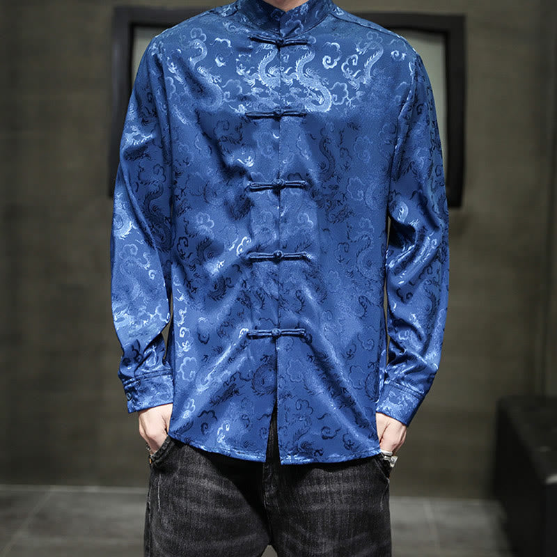 Buddha Stones Casual Dragon Pattern Frog-button Tang Suit Lino Giacca Camicia Uomo