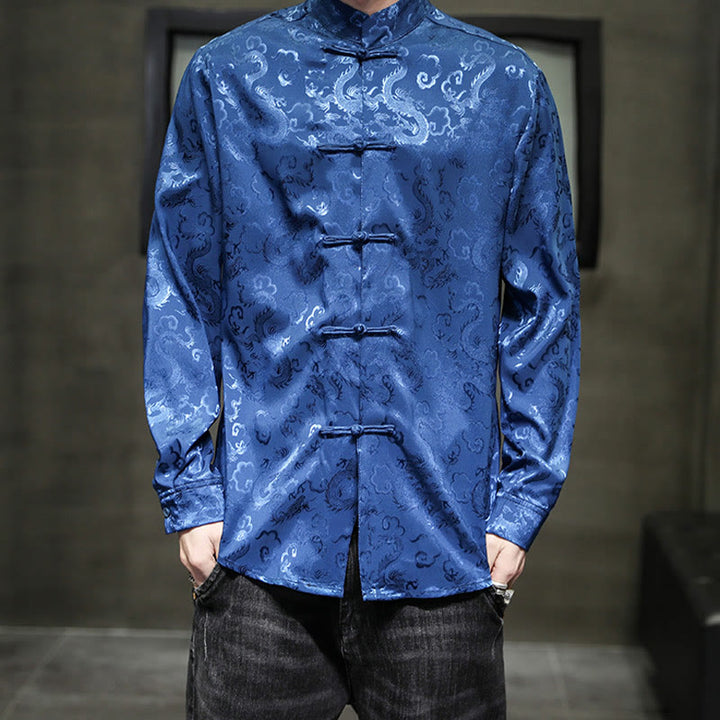 Buddha Stones Casual Dragon Pattern Frog-button Tang Suit Lino Giacca Camicia Uomo