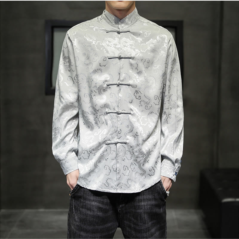 Buddha Stones Casual Dragon Pattern Frog-button Tang Suit Lino Giacca Camicia Uomo