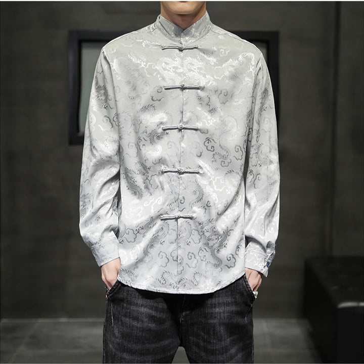Buddha Stones Casual Dragon Pattern Frog-button Tang Suit Lino Giacca Camicia Uomo