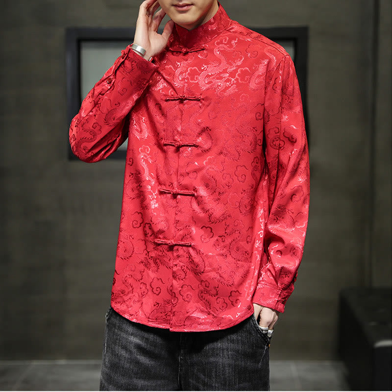 Buddha Stones Casual Dragon Pattern Frog-button Tang Suit Lino Giacca Camicia Uomo