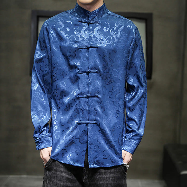 Buddha Stones Casual Dragon Pattern Frog-button Tang Suit Lino Giacca Camicia Uomo