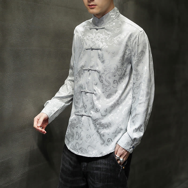 Buddha Stones Casual Dragon Pattern Frog-button Tang Suit Lino Giacca Camicia Uomo