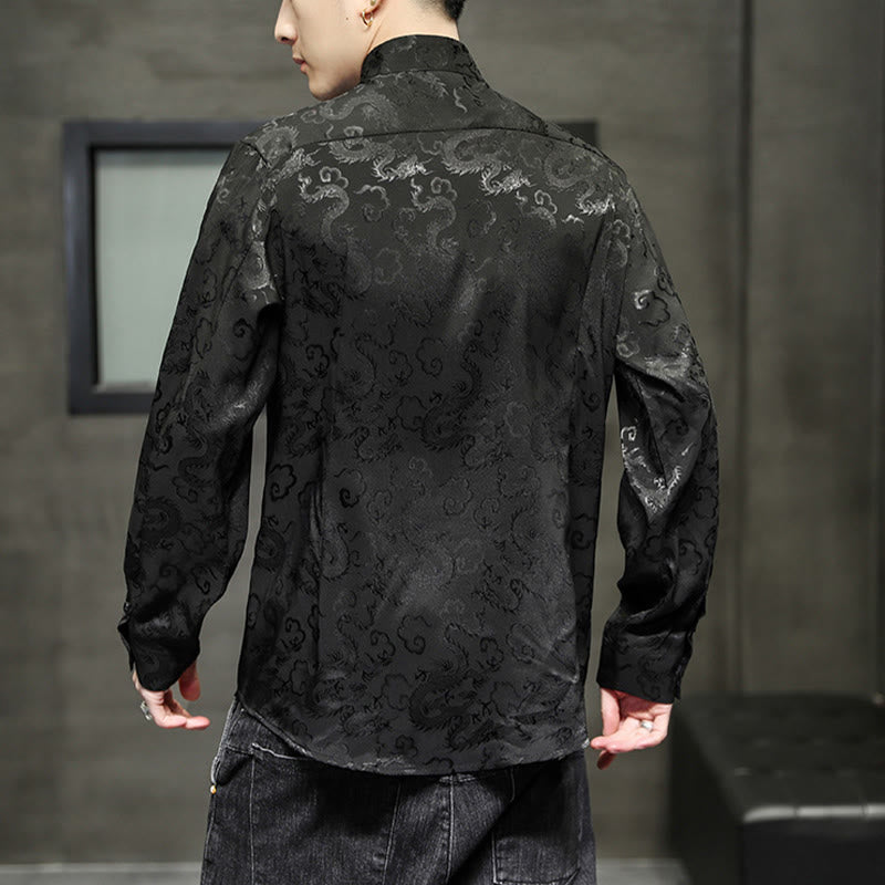 Buddha Stones Casual Dragon Pattern Frog-button Tang Suit Lino Giacca Camicia Uomo