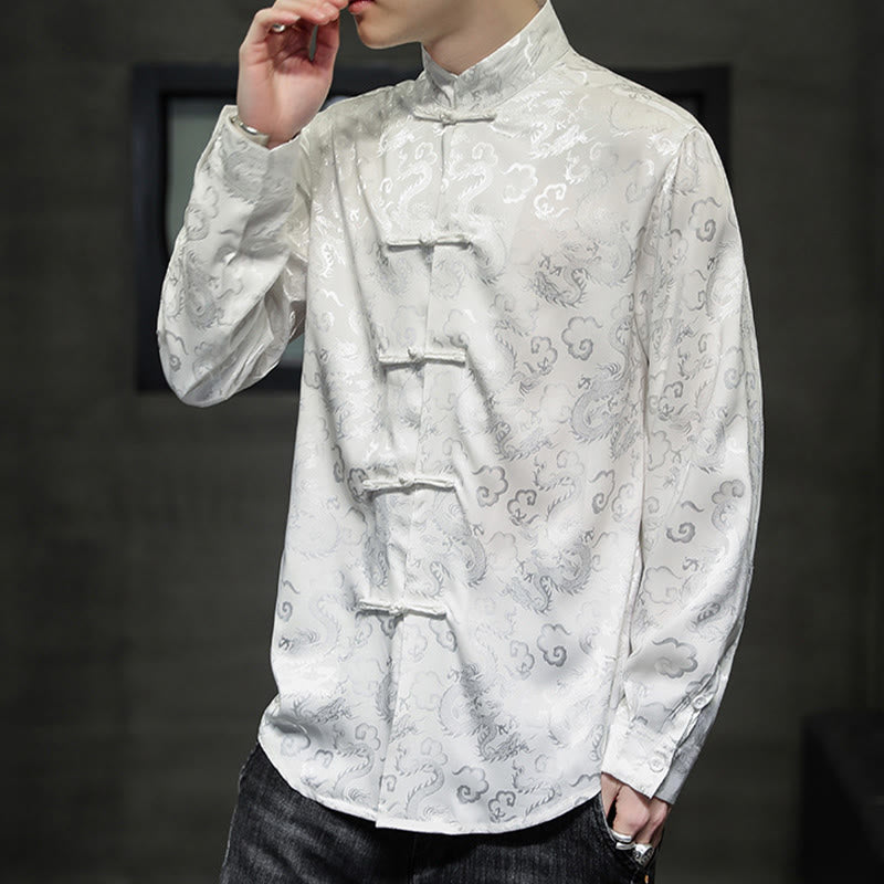 Buddha Stones Casual Dragon Pattern Frog-button Tang Suit Lino Giacca Camicia Uomo