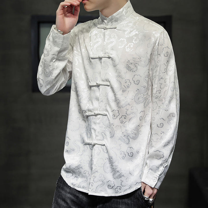 Buddha Stones Casual Dragon Pattern Frog-button Tang Suit Lino Giacca Camicia Uomo