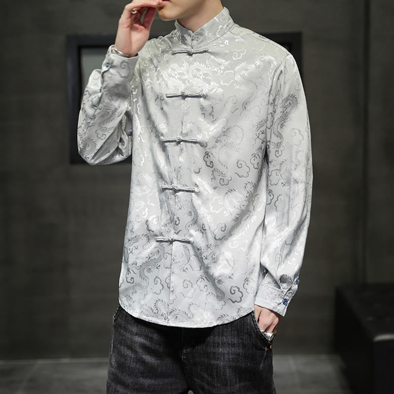 Buddha Stones Casual Dragon Pattern Frog-button Tang Suit Lino Giacca Camicia Uomo