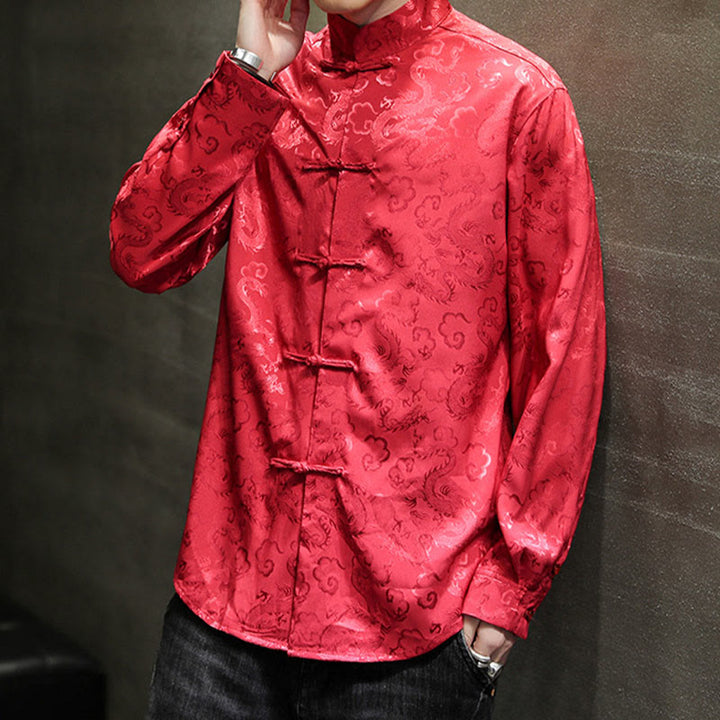 Buddha Stones Casual Dragon Pattern Frog-button Tang Suit Lino Giacca Camicia Uomo