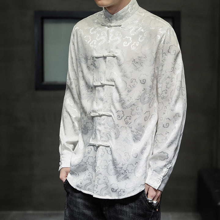 Buddha Stones Casual Dragon Pattern Frog-button Tang Suit Lino Giacca Camicia Uomo