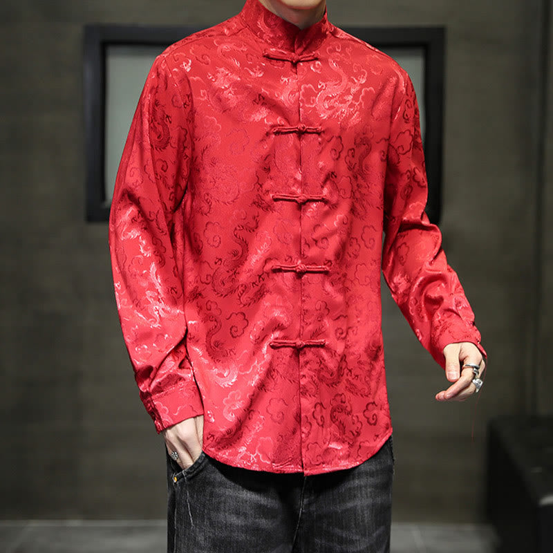 Buddha Stones Casual Dragon Pattern Frog-button Tang Suit Lino Giacca Camicia Uomo