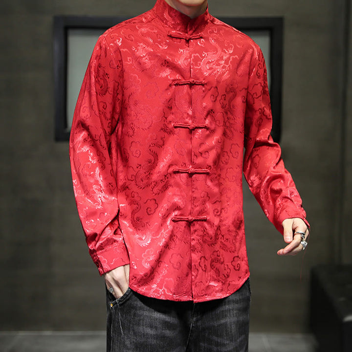 Buddha Stones Casual Dragon Pattern Frog-button Tang Suit Lino Giacca Camicia Uomo