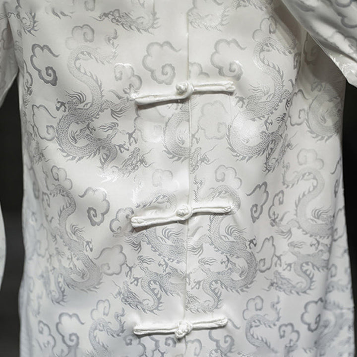 Buddha Stones Casual Dragon Pattern Frog-button Tang Suit Lino Giacca Camicia Uomo