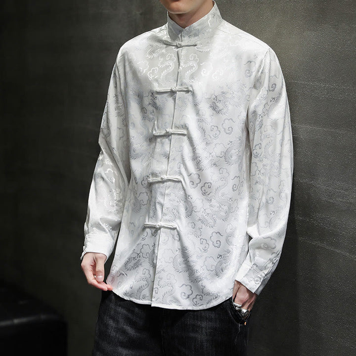 Buddha Stones Casual Dragon Pattern Frog-button Tang Suit Lino Giacca Camicia Uomo