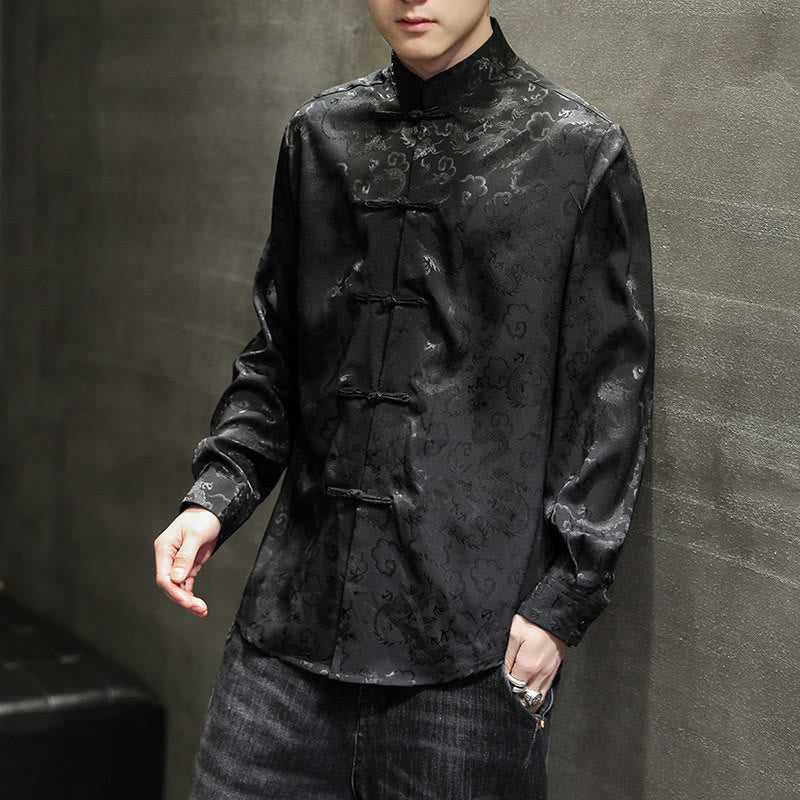 Buddha Stones Casual Dragon Pattern Frog-button Tang Suit Lino Giacca Camicia Uomo