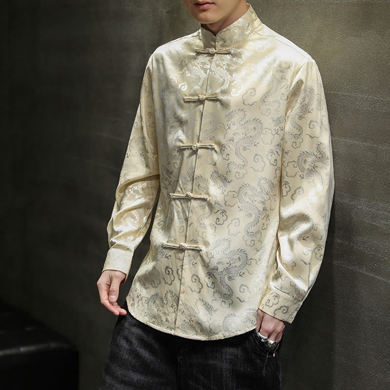 Buddha Stones Casual Dragon Pattern Frog-button Tang Suit Lino Giacca Camicia Uomo