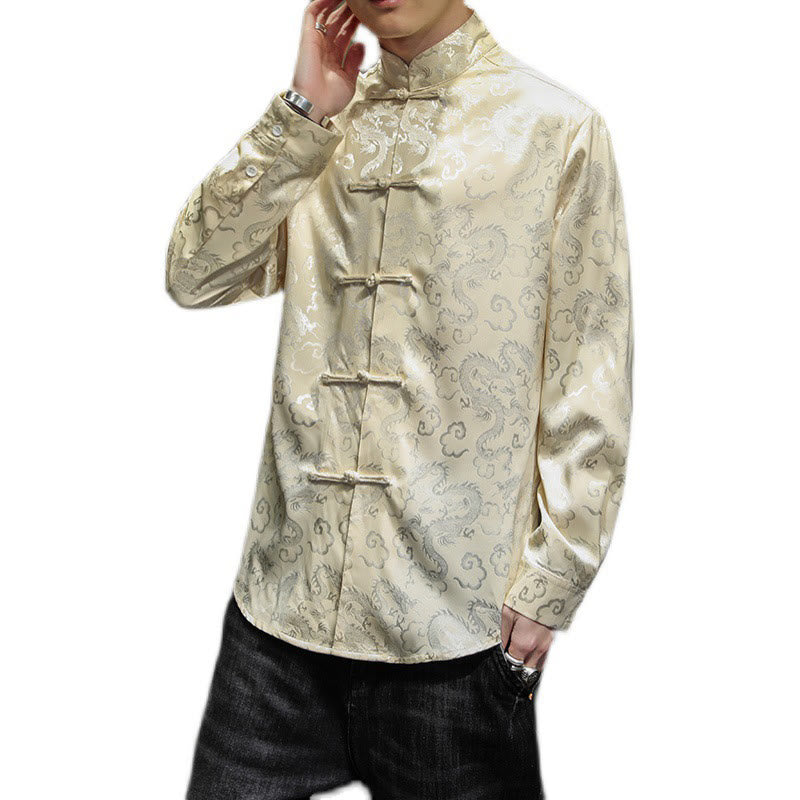 Buddha Stones Casual Dragon Pattern Frog-button Tang Suit Lino Giacca Camicia Uomo