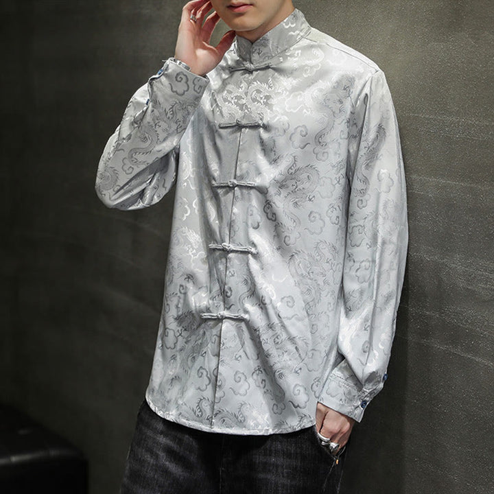 Buddha Stones Casual Dragon Pattern Frog-button Tang Suit Lino Giacca Camicia Uomo - image 23