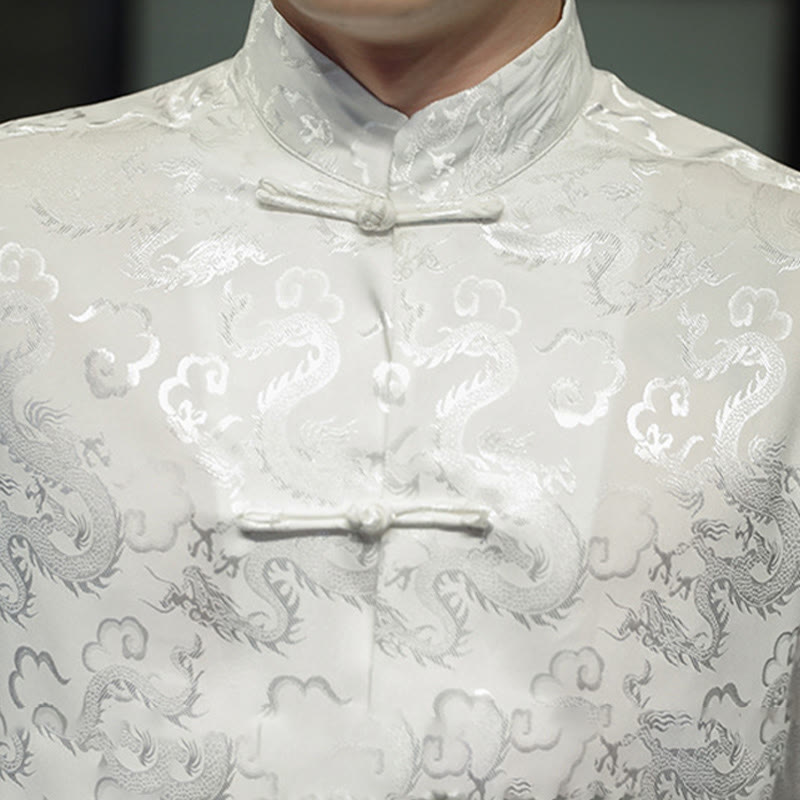 Buddha Stones Casual Dragon Pattern Frog-button Tang Suit Lino Giacca Camicia Uomo