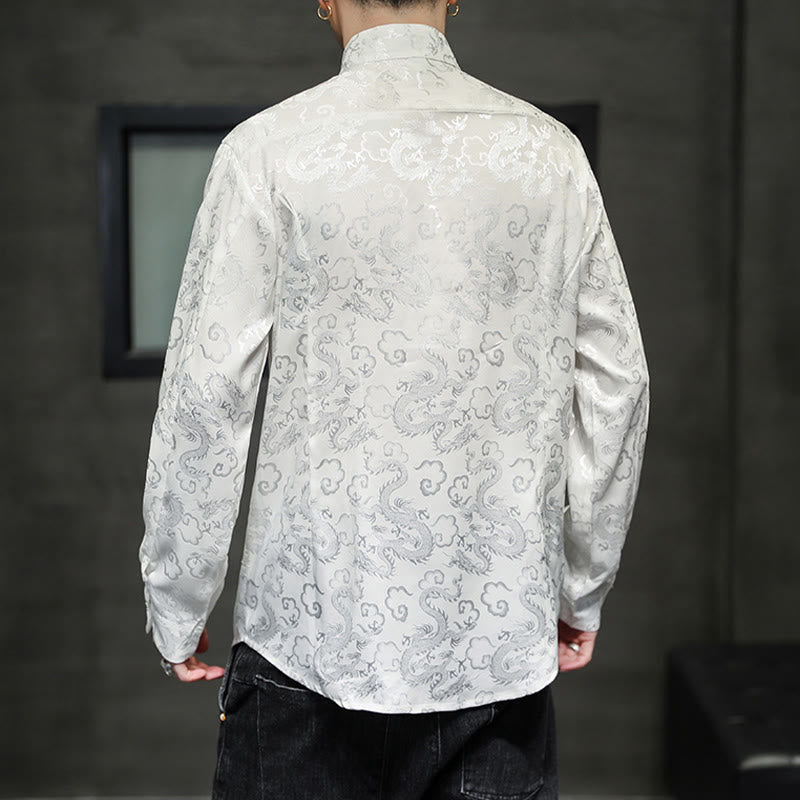 Buddha Stones Casual Dragon Pattern Frog-button Tang Suit Lino Giacca Camicia Uomo