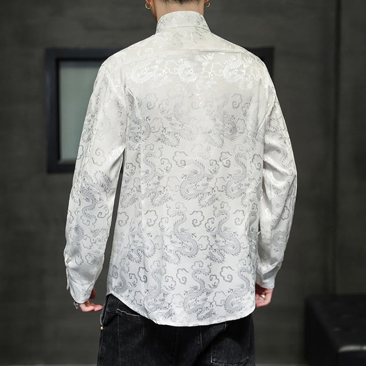 Buddha Stones Casual Dragon Pattern Frog-button Tang Suit Lino Giacca Camicia Uomo
