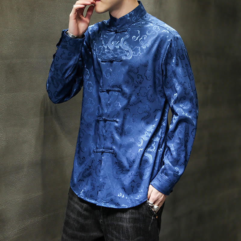 Buddha Stones Casual Dragon Pattern Frog-button Tang Suit Lino Giacca Camicia Uomo