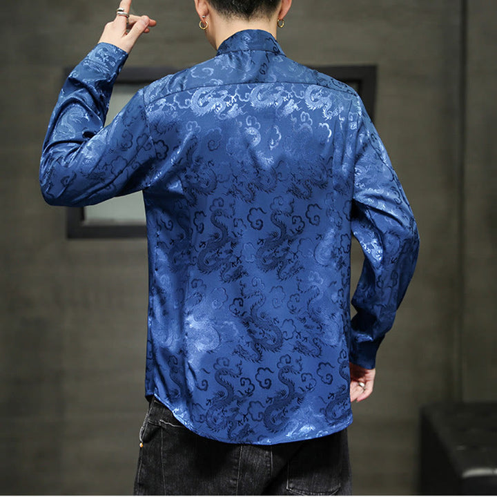 Buddha Stones Casual Dragon Pattern Frog-button Tang Suit Lino Giacca Camicia Uomo